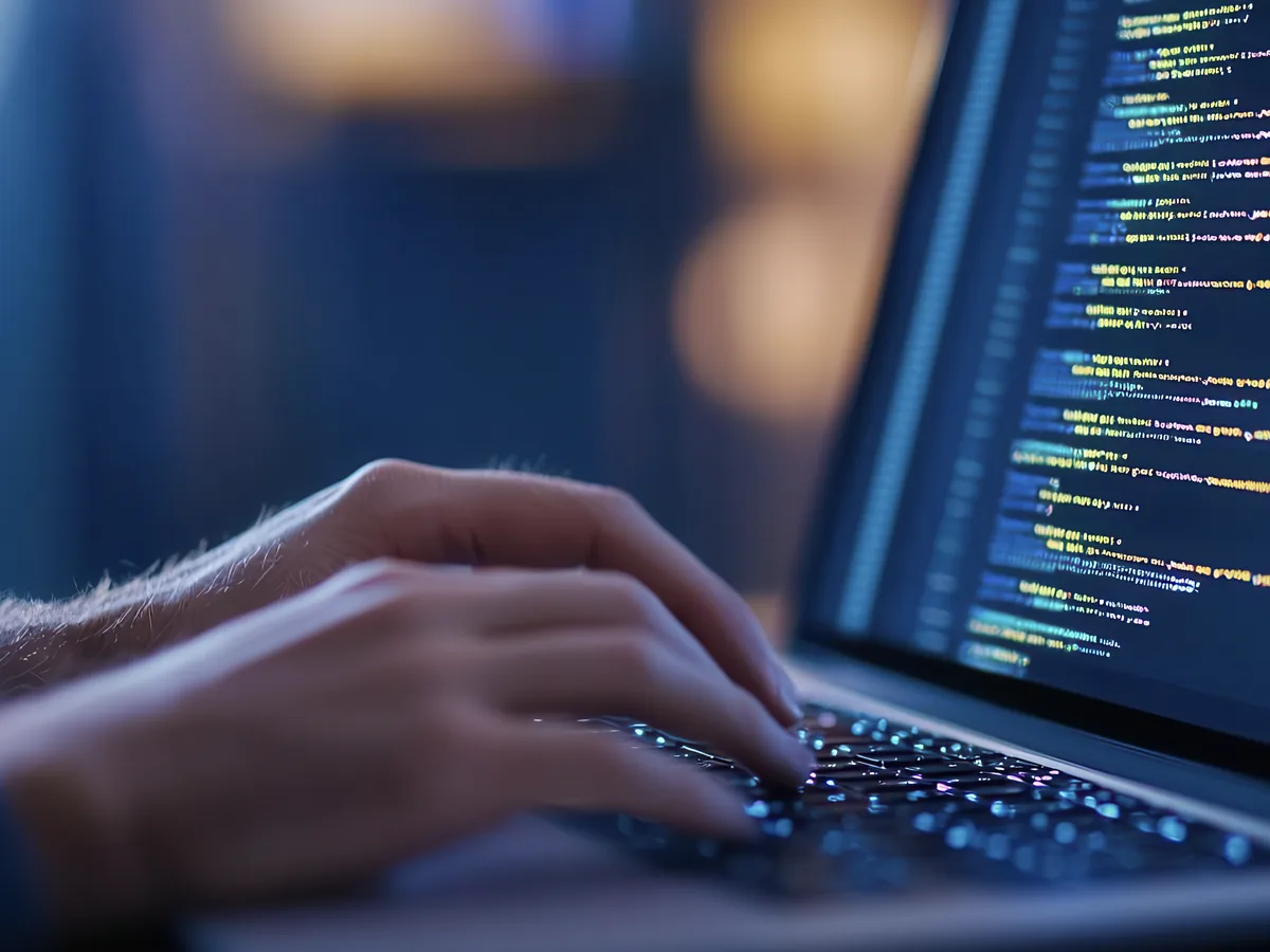 Close-up of hands typing code on a laptop